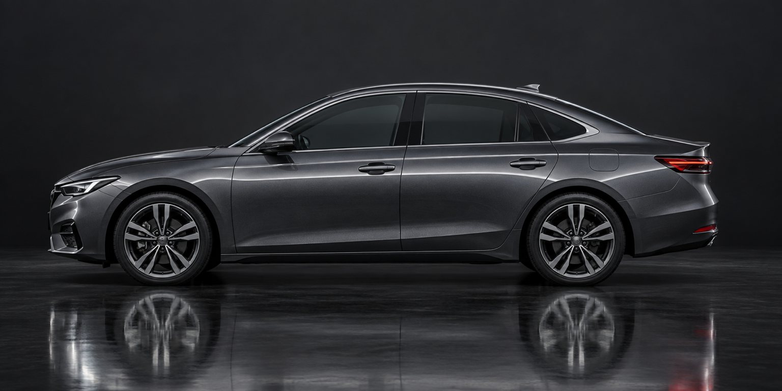 Side profile of a dark gray sedan