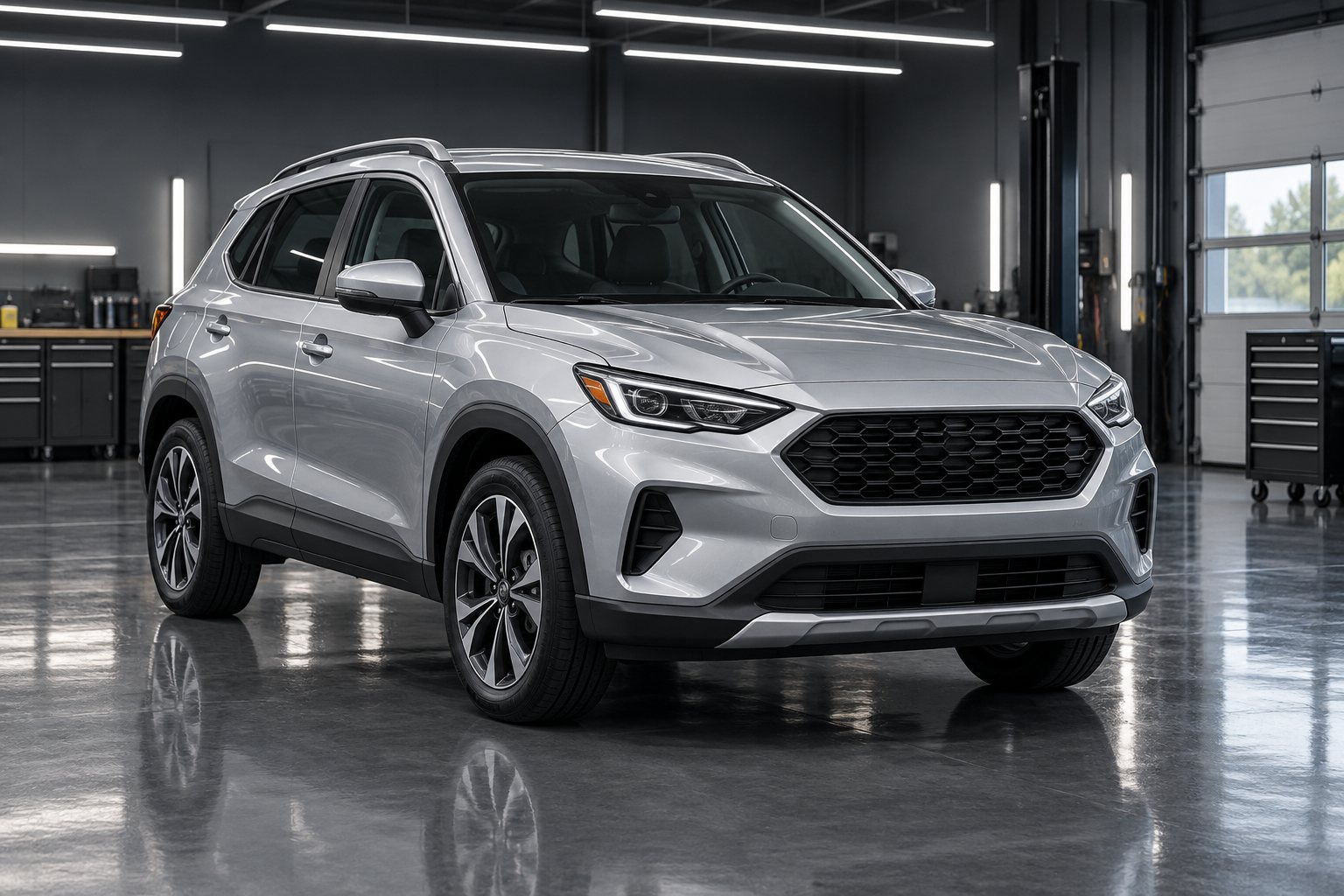 Silver SUV after front-end repair
