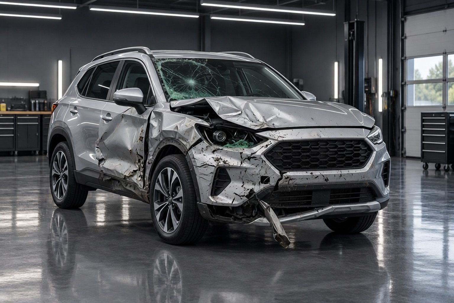 Silver SUV with a crumpled front end