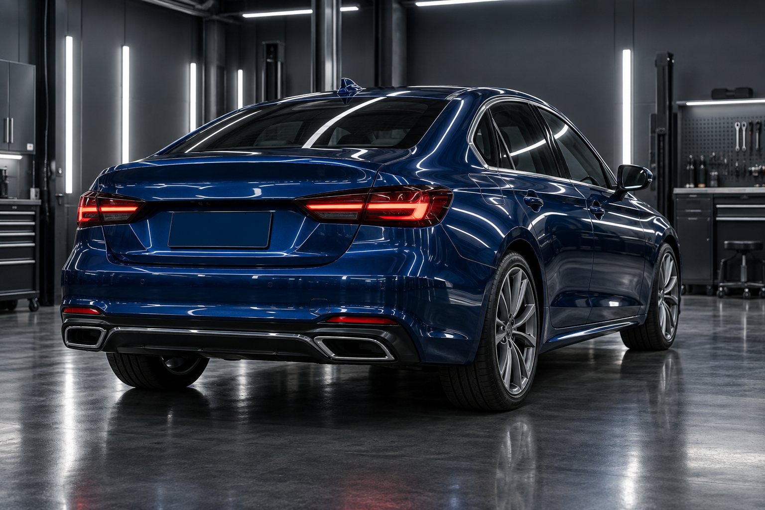 Blue sedan after side-impact repair