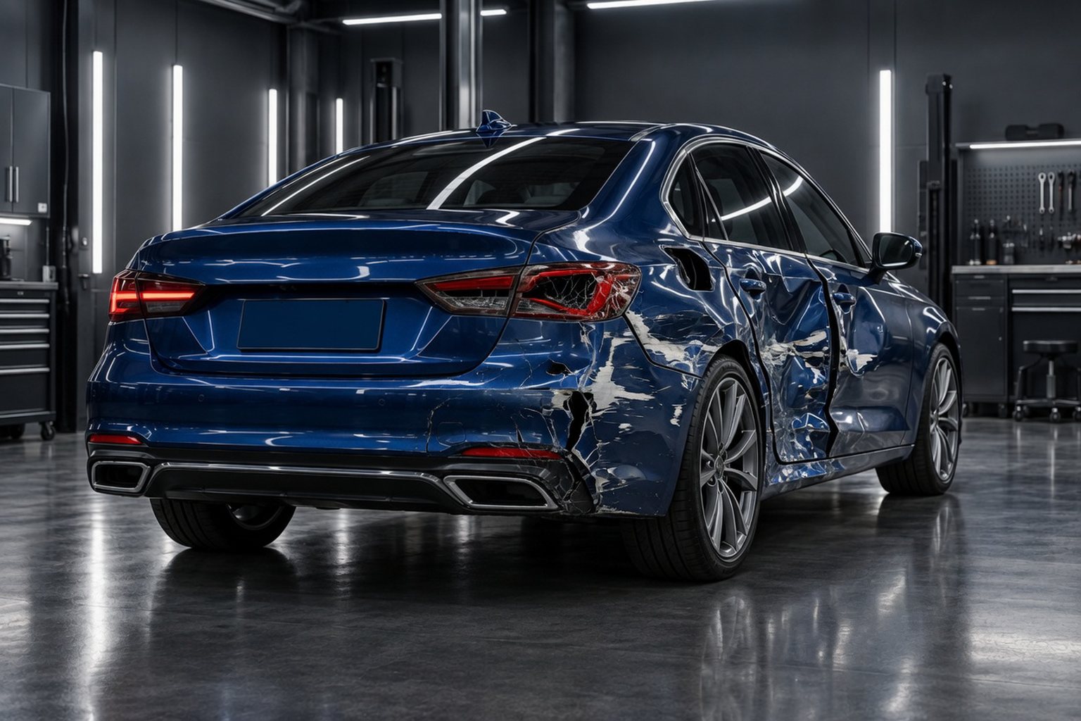 Blue sedan with a dented rear door and quarter panel